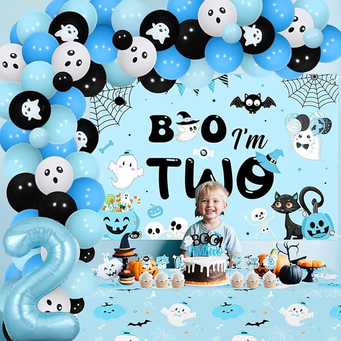 Boo I’m Two Birthday Decoration Boy Halloween Theme Backdrop Cake Cupcake Topper Table Cloth Blue Black Foil Balloon Garland Arch Kit for Two Spooky 2 Years Old Birthday Decoration