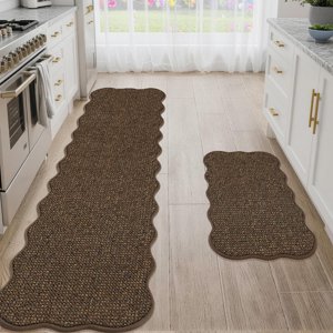 Brown Scalloped Kitchen Rugs and Mats Set 17 X30 +17 X72