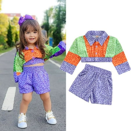

Toddler Baby Girls Clothes Sets 2pcs Leopard Print Patchwork Single Breasted Coat+Elastic Shorts
