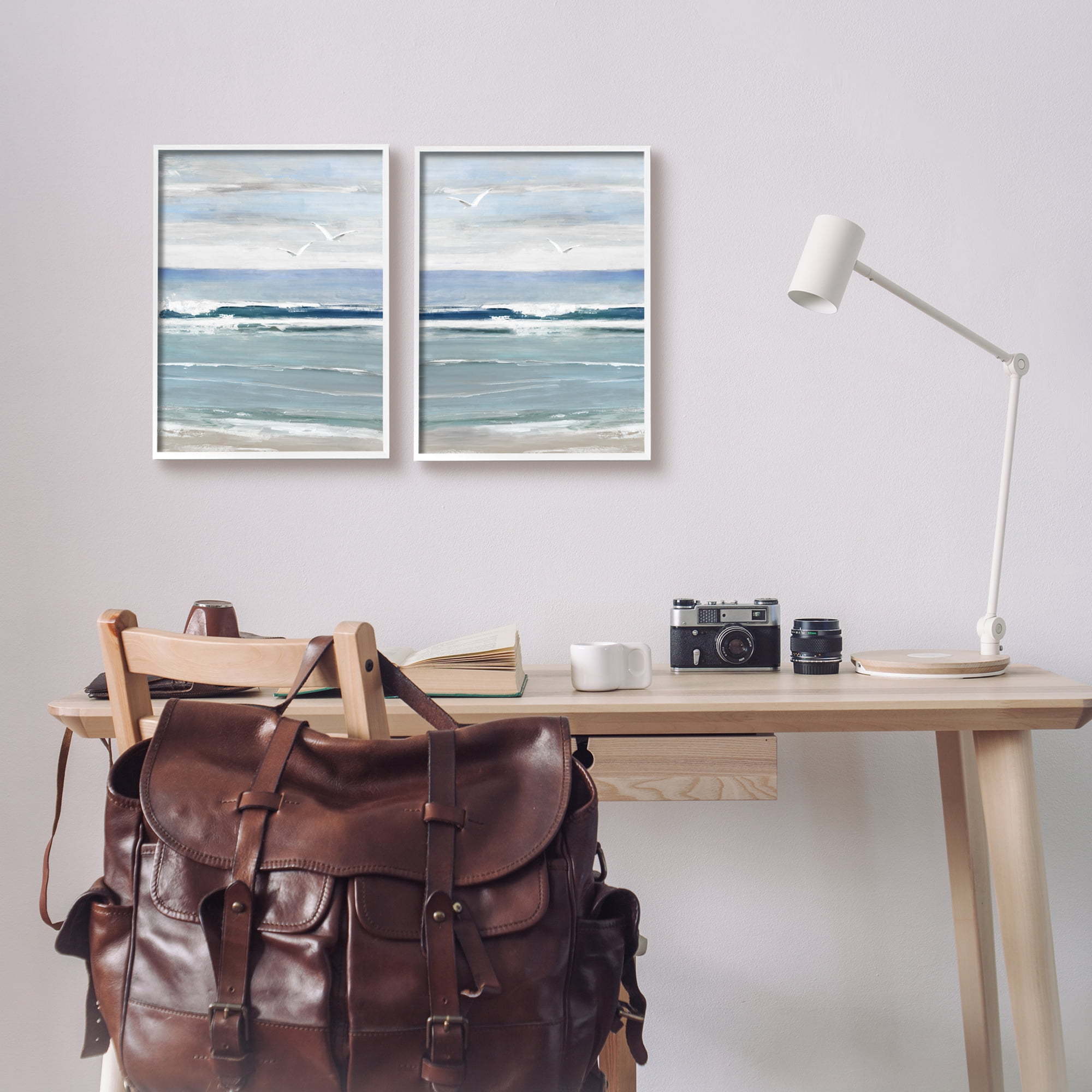Stupell Industries Seagulls over Beach Waves Landscape Painting White Framed Art Print Wall Art, 11 x 14, Set of 2