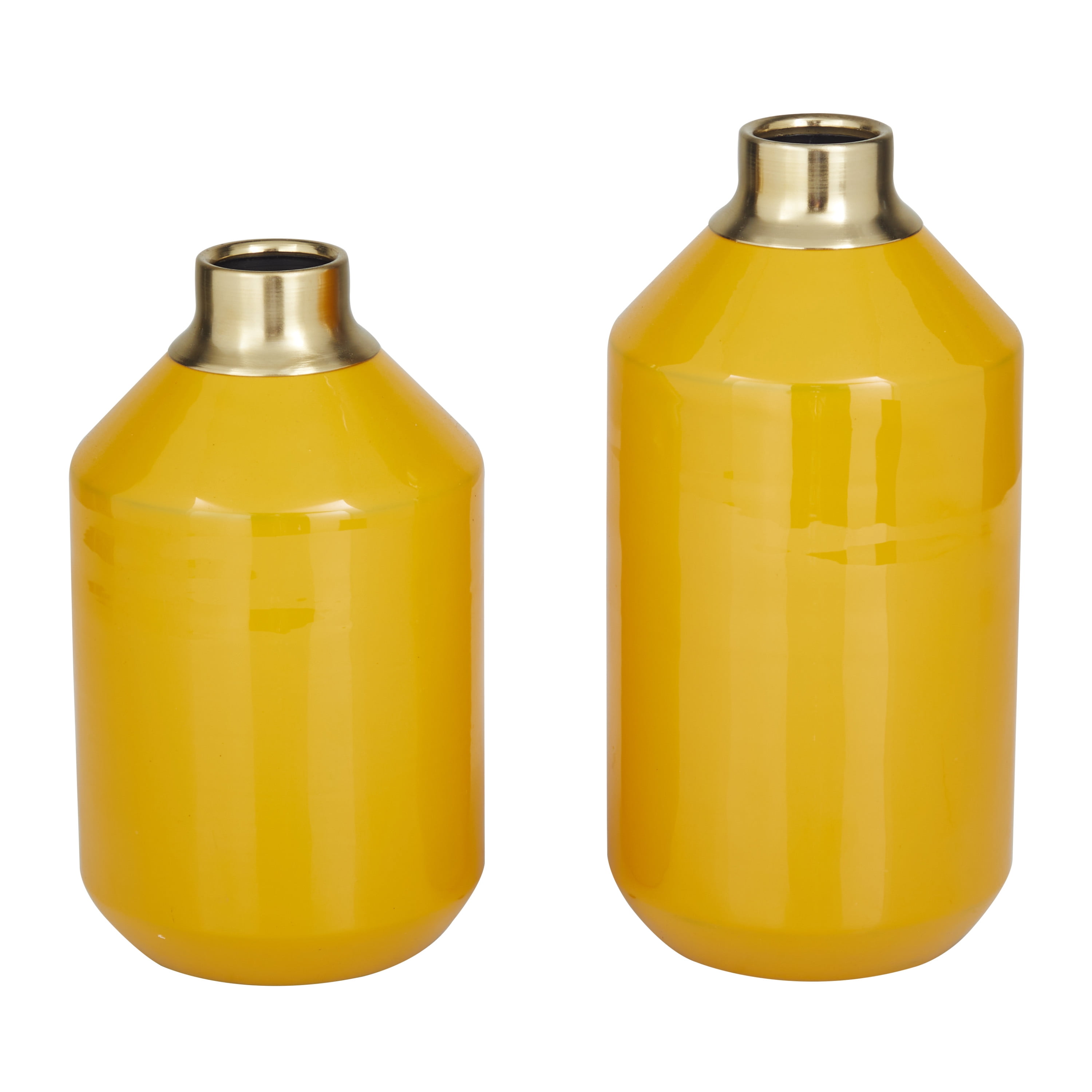 DecMode 10", 8"H Yellow Metal Vase with Gold Rims, Set of 2