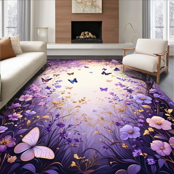 ODIKA 4'x6' Machine Washable Non-Slip Area Rug, Enchanted Garden Floor Decorative Bathroom High Traffic Rug, Purple, 60257