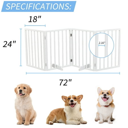24 Inch White Foldable Wooden Dog Fence. 4 Panels with Floor Pads, Pine Wood Pet Playpen