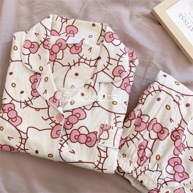 Sanrio-Pijama de Hello Kitty para mujer, ropa de dormir de manga larga, pantalones largos, cárdigan, traje de dibujos animados para el hogar, conjunto de 2 piezas, primavera y otoño