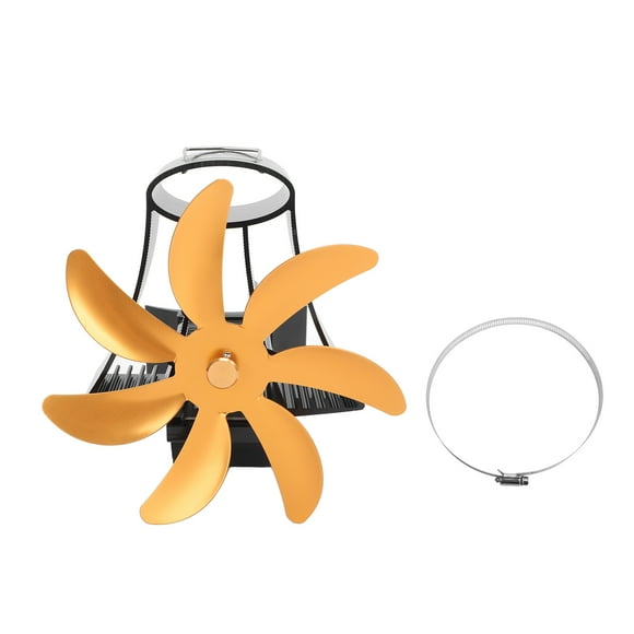 Ventilador de chimenea de 7 aspas con motor silencioso y alimentado por calor. Soporte magnético de pared dorado.
