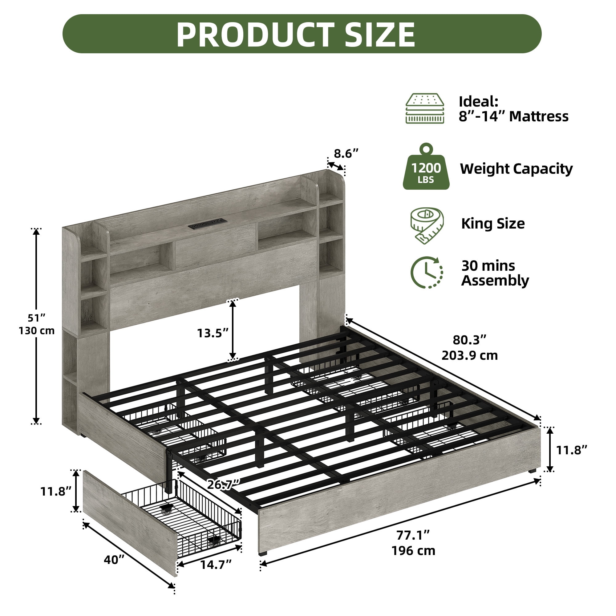Uforic King Size Bed Frame with Bookcase Headboard, 4 Storage Drawers & RGB LED Lights (Grey, No Box Spring Needed)