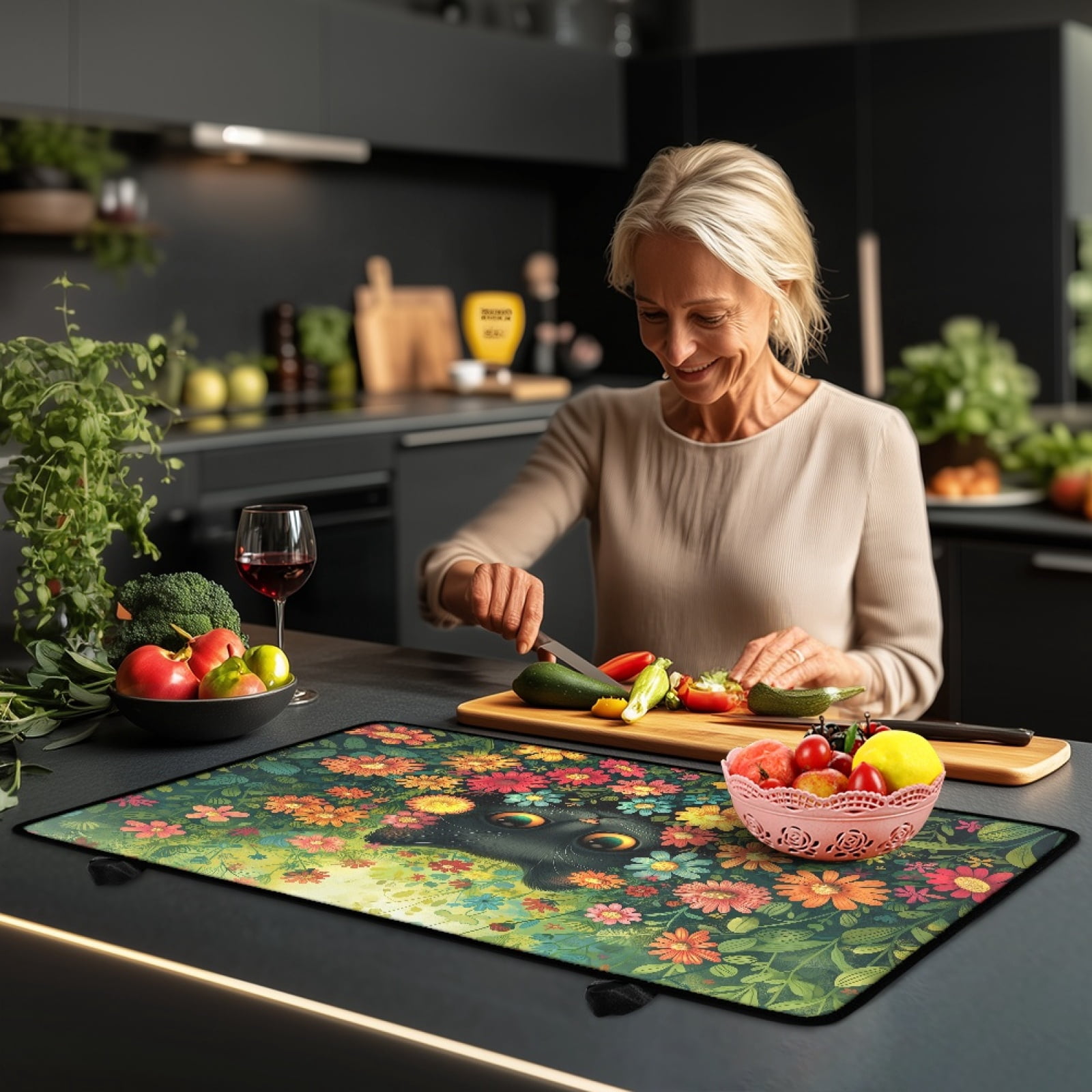 Renewold Stove Cover Glass Stove Top Cover Protector Heat Resistant Non-slip Stove Burner Cover Prevent Scratching Cooktop Mat for Kitchen Counter, Black Cat Flower