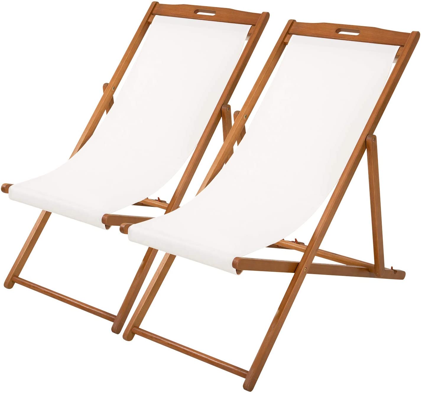 Beach Sling Chair Set Patio Lounge Furniture, Outdoor Reclining Beach Folding Chair 
 with Polyester Canvas, Frame Solid Eucalyptus Wood, 3 Level Adjustable Height, 2 Set - image 1 of 8