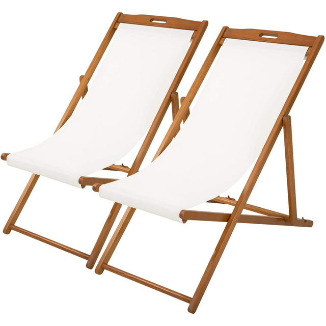 Beach Sling Chair Set Patio Lounge Furniture, Outdoor Reclining Beach Folding Chair 
 with Polyester Canvas, Frame Solid Eucalyptus Wood, 3 Level Adjustable Height, 2 Set