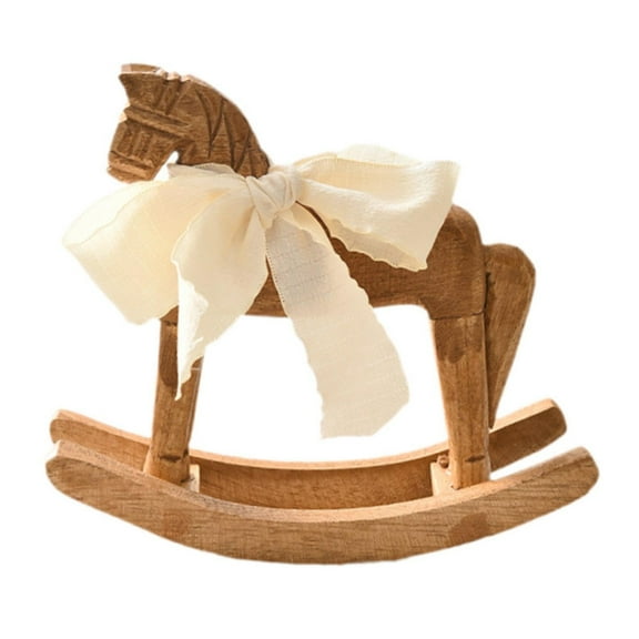 Wooden Rocking Horse Figurine with White Ribbon Decoration for Shelves and Tabletop Collectible Ornament Holiday Gift