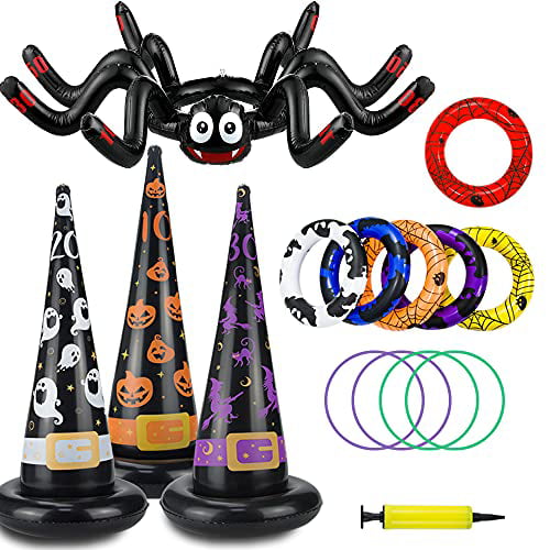 Halloween Toys Game Inflatable Witch Hat Spider Ring Toss Backyard Games for Kids Adults Halloween Party Supplies Indoor hula Family or Friends 15Pcs Throwing Ring Carnival Obstacle Course Toys 