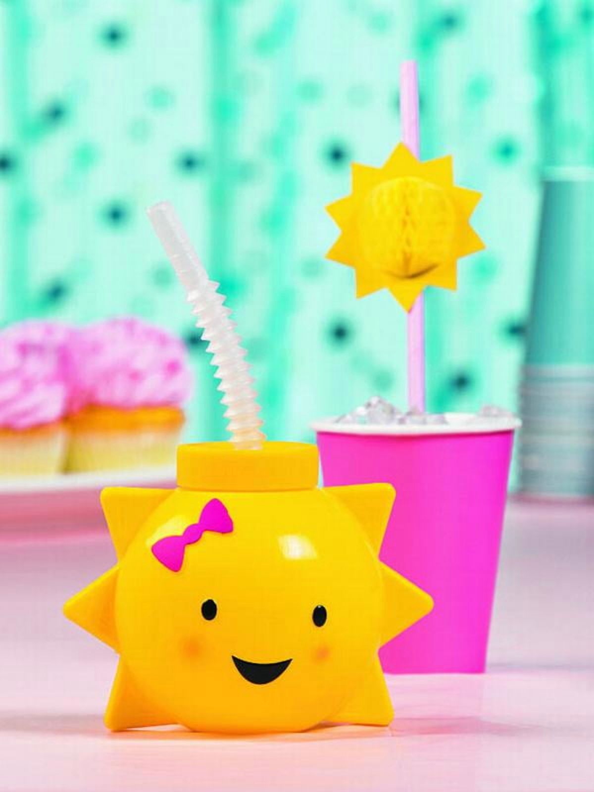 Fun Express 16 oz. You Are My Sunshine Reusable BPA-Free Plastic Cups with Lids & Straws - 8 Ct.