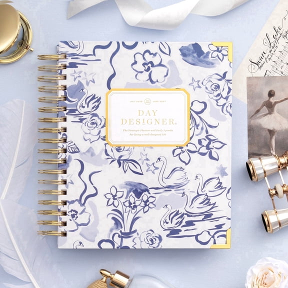 Day Designer 2026-2027 Daily Academic Year Planner Calendar, July 2026 - June 2027, 7.4" x 9.5", Premium Cover, Wire-O Binding, Laminated Tabs, Storage Pocket, Stickers & Snap-In Ruler, Swan Lake