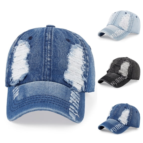 Distressed Denim Baseball Cap with Ripped Holes and Frayed Edges Featuring Vintage Washed Cotton Texture and Curved Brim Black