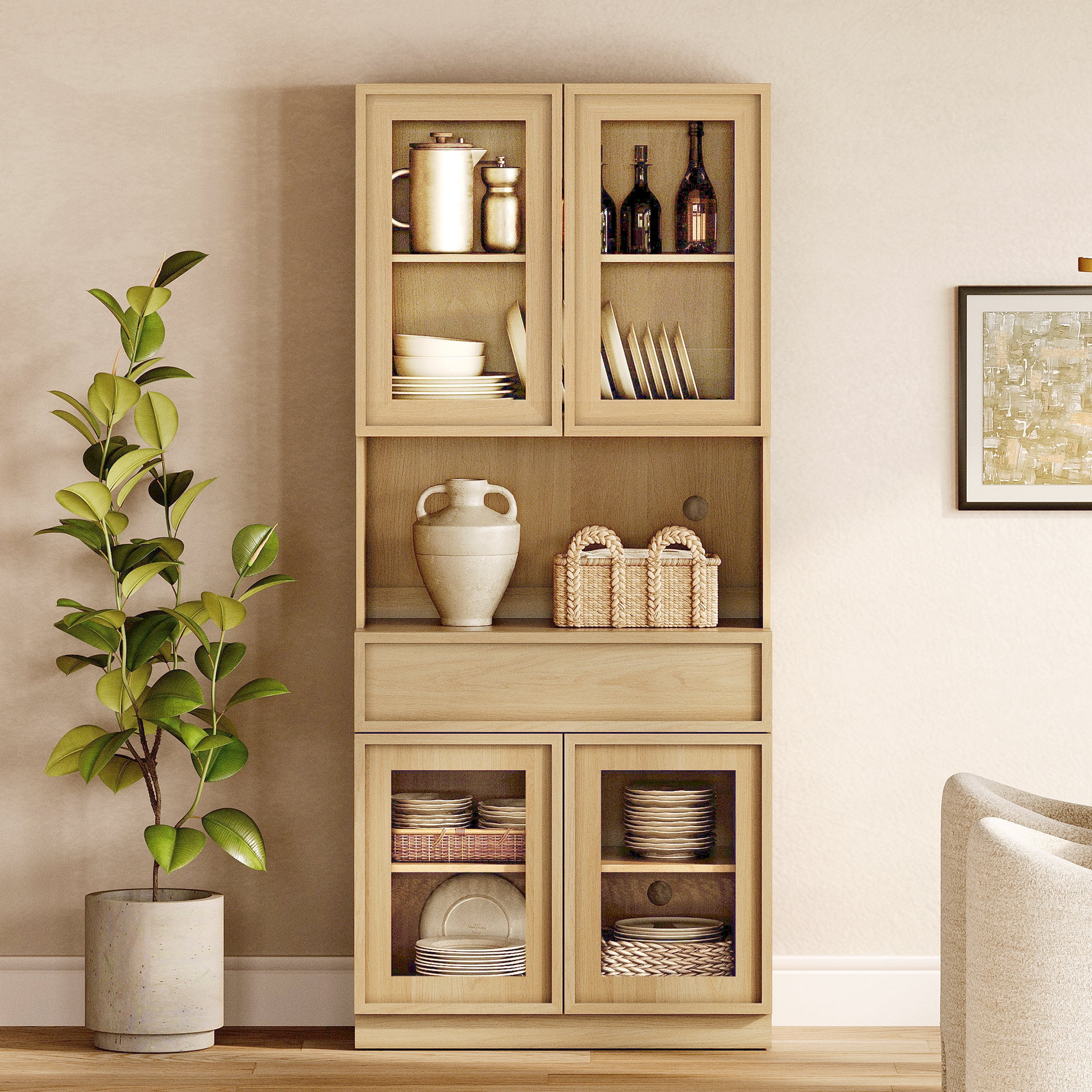 Modern 72"Tall Sideboard, Wood Buffet Display Cabinet with Glass Doors, Drawers and Adjustable Shelves, Multi-Layer Storage Console for Dining Room,Living Room,Entryway,Oak