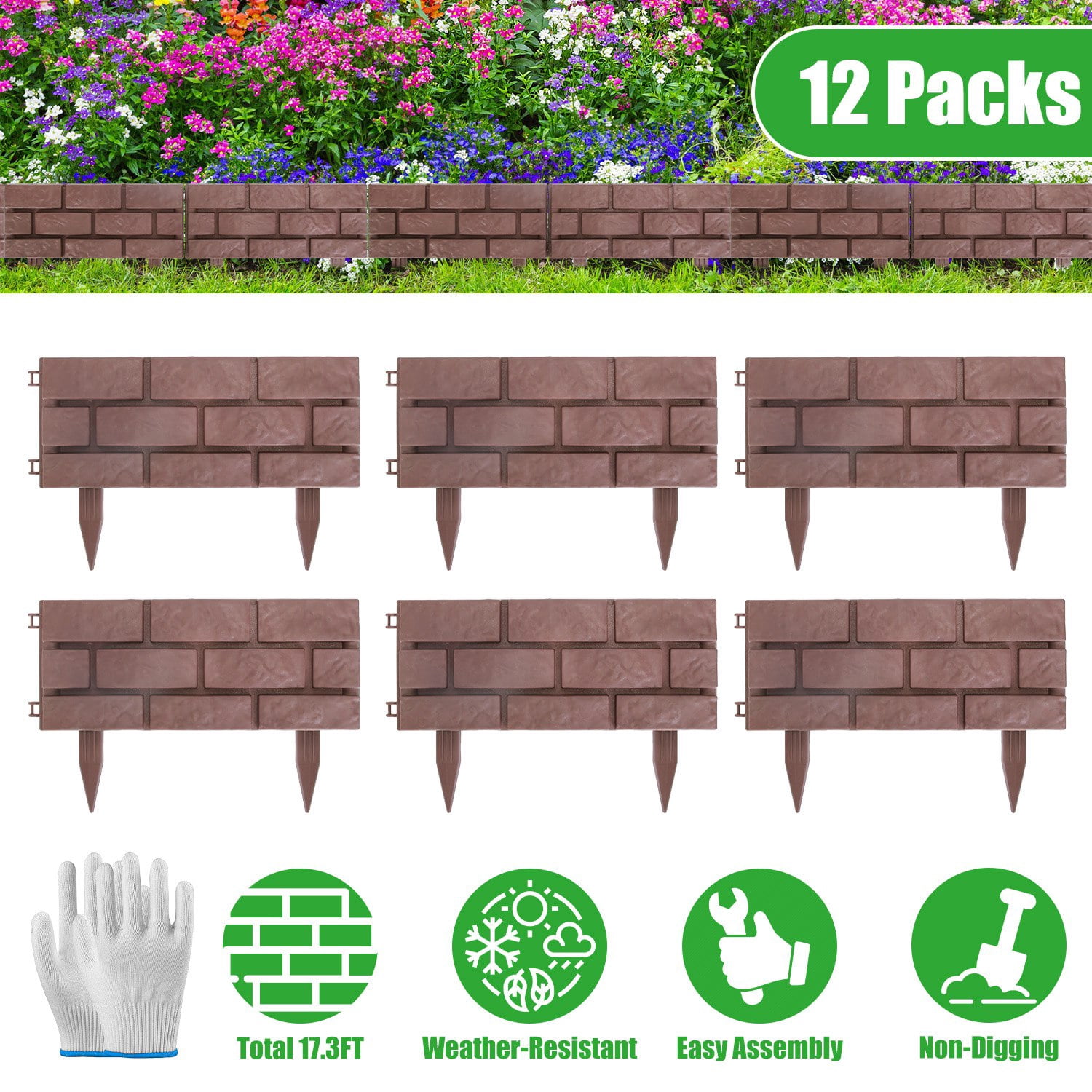 12PCS Stone Effect Garden Edging Flexible Landscape Border Fence PP Weather Resistant Decorative Lawn Pathway Flower Bed Edging with Gloves