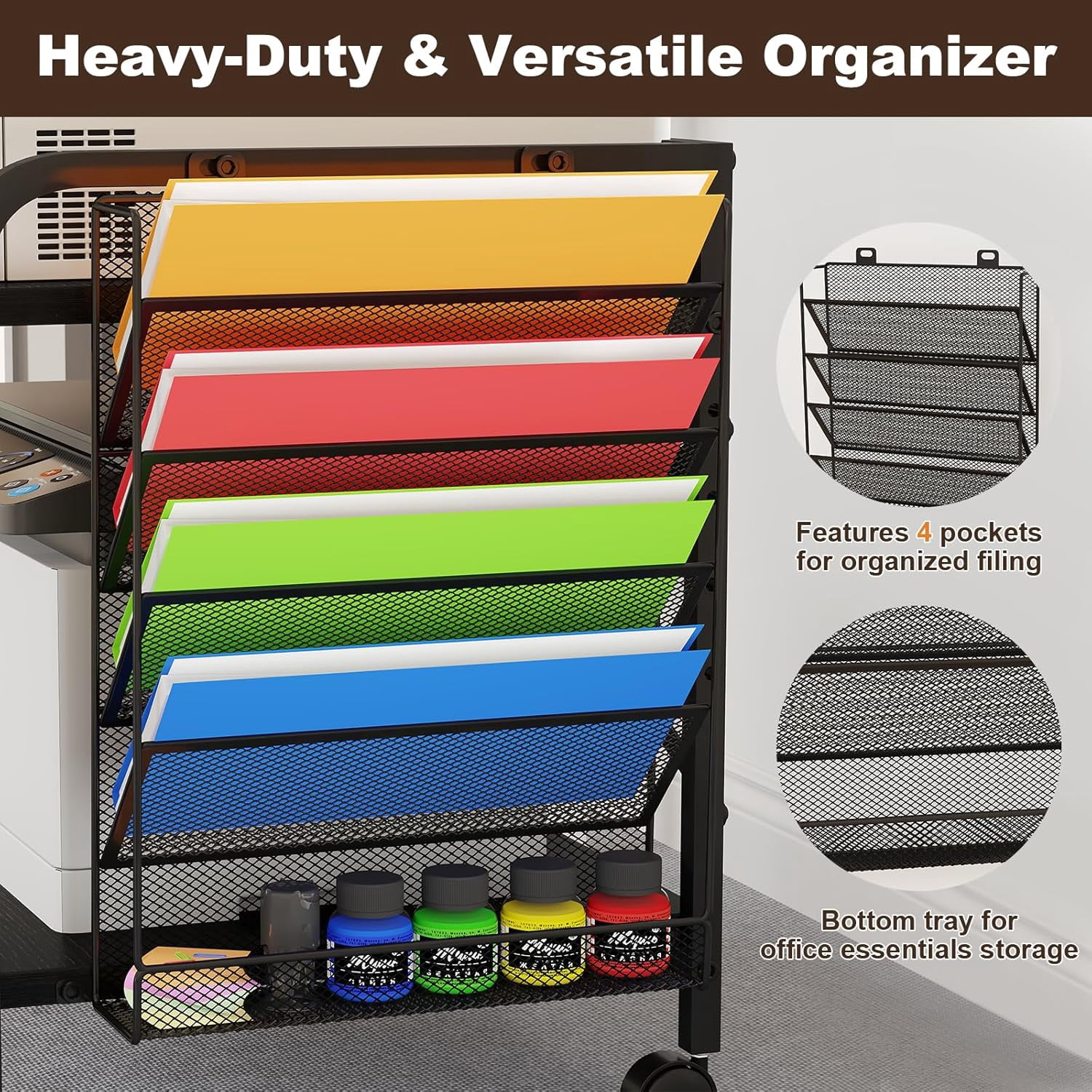 POAO Large Printer Stand with File Holder Organizer, Adjustable Height Shelf with Wheels, Rolling Printer Cart with Storage for Home Office,Black