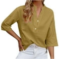 thumbnail image 2 of AherBiu Shirts for Women 3/4 Sleeve Button Linen Lightweight Blouses Fall Solid Color Beach Casual Pullover, 2 of 7