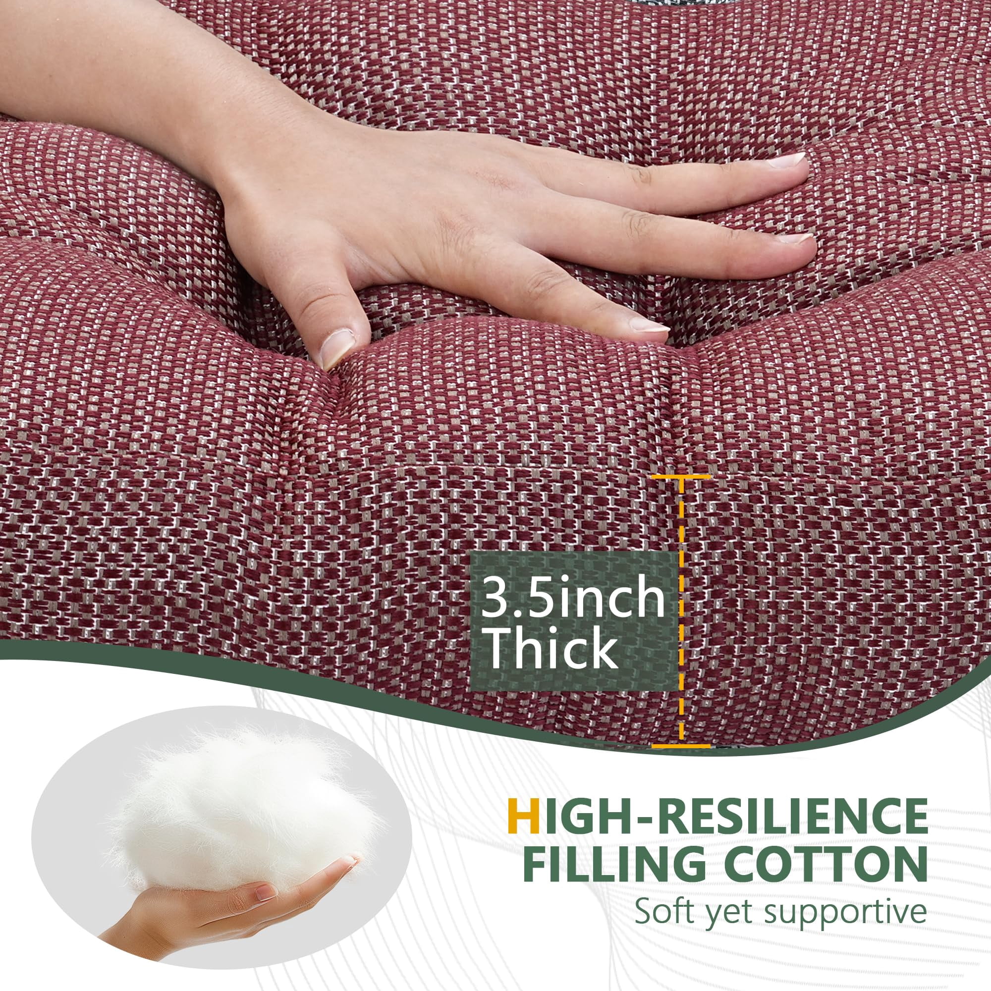 Chair Cushions for Dining Chairs Set of 2, 16.5" x 16.5" Tufted Memory Foam Seat Cushions, 3.5" Thick Olefin Fabric Kitchen Chair Pads with Ties & Non-Slip Backing, Wine Red