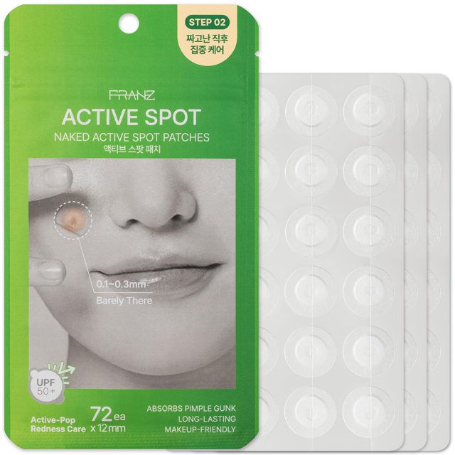 FRANZ Naked Active Spot Patches (72 unidades) | Parche hidrocoloide para el tratamiento de granos | Cobertura protectora solar UPF 50+ | Suave con la piel sensible