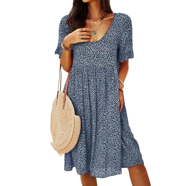 LUXUR Robe Midi pour Femmes Manches Courtes Été Plage Robe Tunique Imprimé Floral Col en V Bleu Marine S