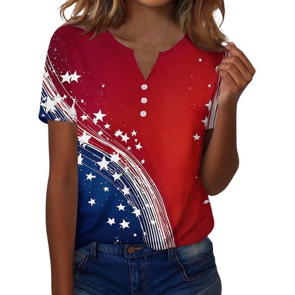 Womens 250th Anniversary Usa Shirt 250 Anniversary Usa Flag Print V Neck Henley Tops Patriotic 4th Of July T-Shirt