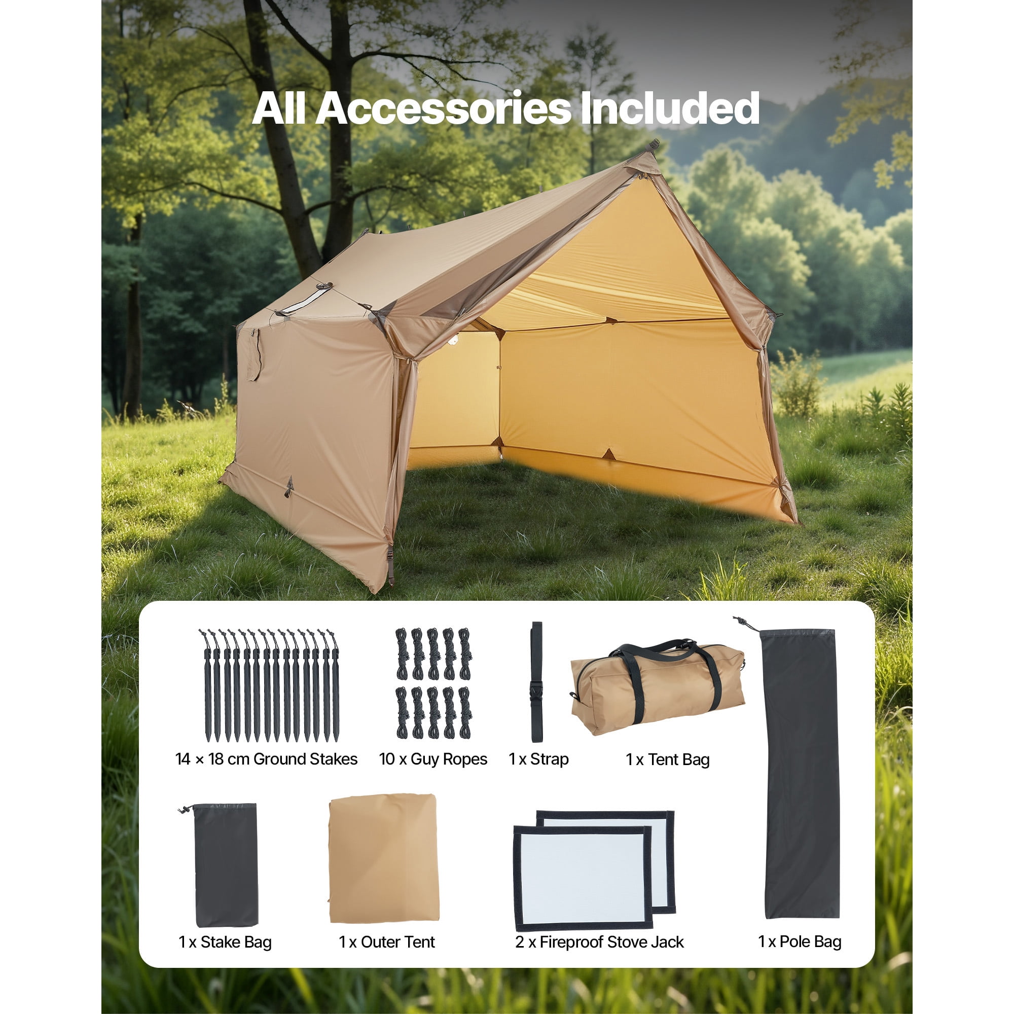 KFFKFF Camping Hot Tent for 2 People, Cabin Tent with Stove Jack, Waterproof Shelter with Vents, Lightweight 4-Season Tent for Outdoor Activities like Hiking, Fishing, Hunting, and Backpacking
