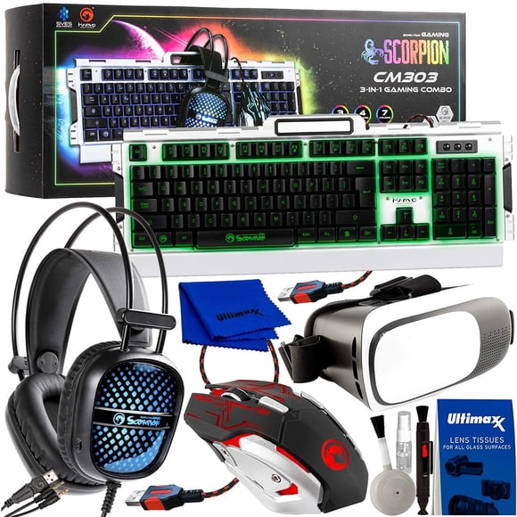 Marvo CM303 Scorpion 3-in-1 Backlit Gaming Combo & VR Gaming Bundle: - Includes: Full Size Keyboard, 6-Button Mouse, Headset with Built-in Mic, VR Goggles, and 5pc Deluxe Cleaning Kit.