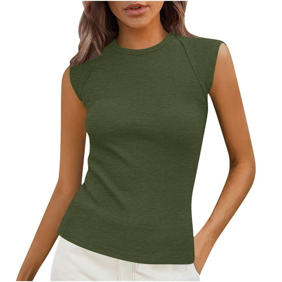 Wyobmus Women's High Neck Tank Top 2025 Trendy Summer Casual Ribbed Knit Slim Fit Tunic Basic Textured Crewneck Sleeveless Shirts S-2X Olive Green