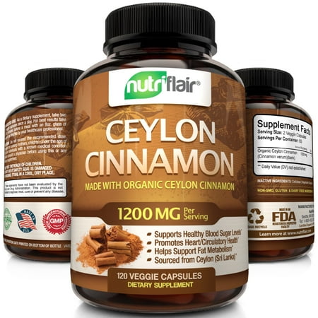 NutriFlair Ceylon Cinnamon (Made with Organic Ceylon Cinnamon) Supplement, 120 Capsules - 1200MG  per Serving - True Cinnamon Extract Pills from Sri