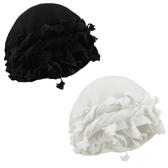 2PCS Faux Satin Lined Turban Cap for Men Women, Pre-Tied Tassel Twist Head Wrap, Black and White