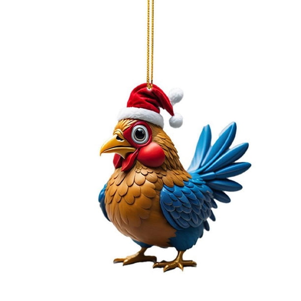 TQEHS rujjftsy 2024 Lindo adorno colgante de pollo navideño, colgante de gallo de dibujos animados de acrílico, adorno colgante de pollo plano 2D, adorno de pollito con sombrero navideño, decoración p