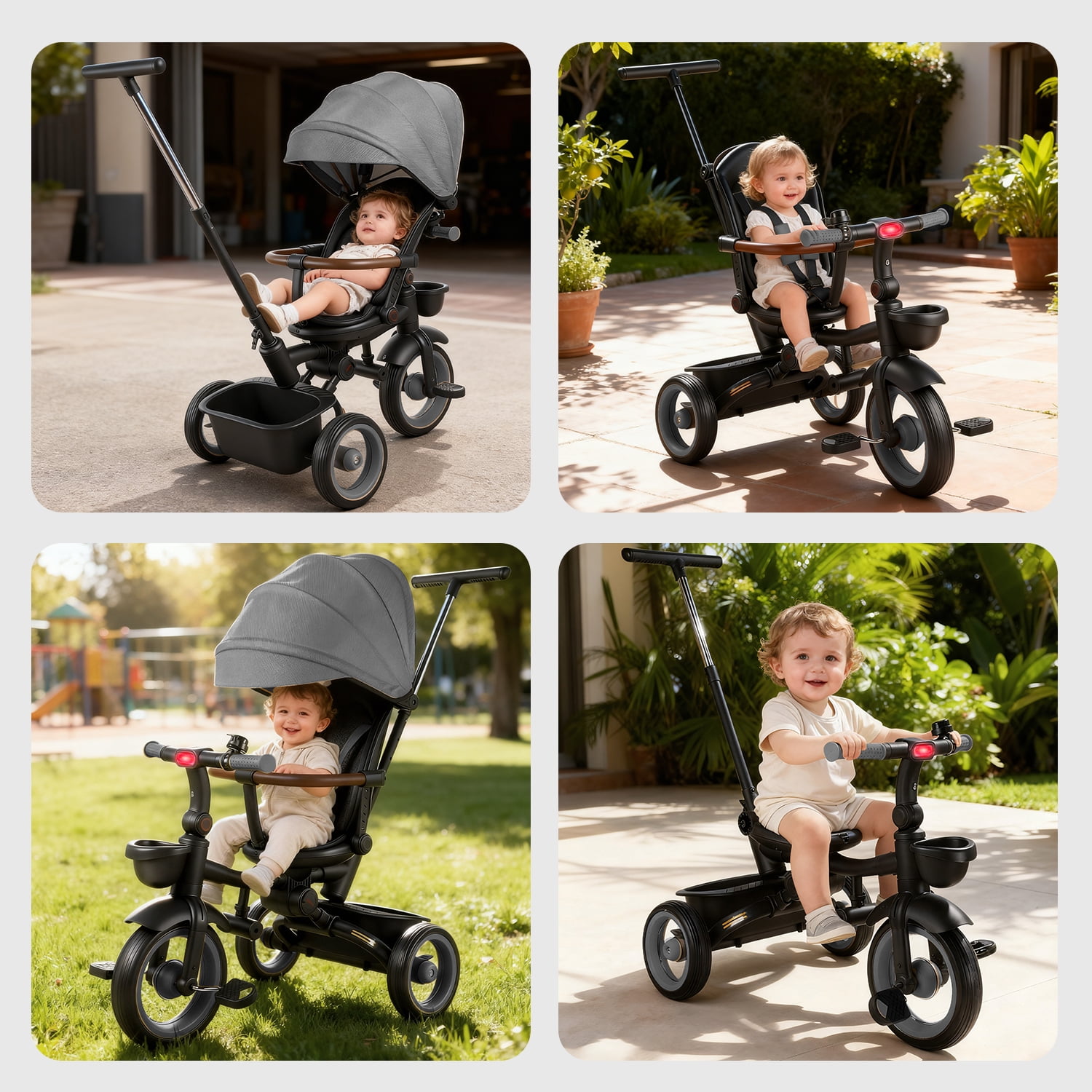 JoyStone 7 in 1 Foldable Tricycle Stroller for Toddler, Baby Tricycle with Adjustable Canopy, Parent Handle, Removable Pedals, Seat Belt and Storage Basket, Kids Bike for Ages 1-6 Boys & Girls, Grey