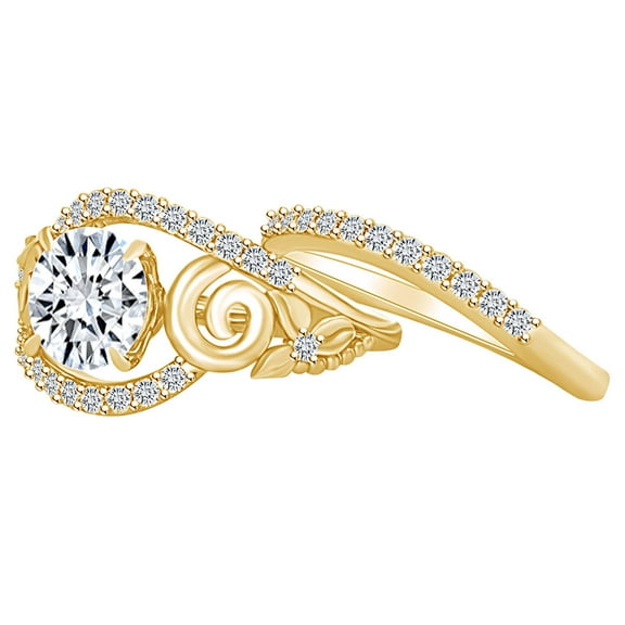 AFFY 2.05 Carat Round Moissanite & Natural Diamond Floral Engagement Ring & Band 14K Solid Yellow Gold Ring Size-5
