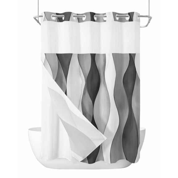 No Hook Shower Curtain with Snap-in Liner, Gray Stripes Waterproof Fabric Bathroom Curtains, Vintage Farmhouse Greyish Ripple Pattern Bath Curtains & Mesh Top Window 72"x84" Long