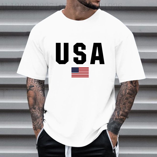 Camiseta de algodón con estampado de la bandera patriótica de EE. UU. para hombre. Cuello redondo de algodón, manga corta, tejido de punto ligeramente elástico, corte regular, comodidad para todas las