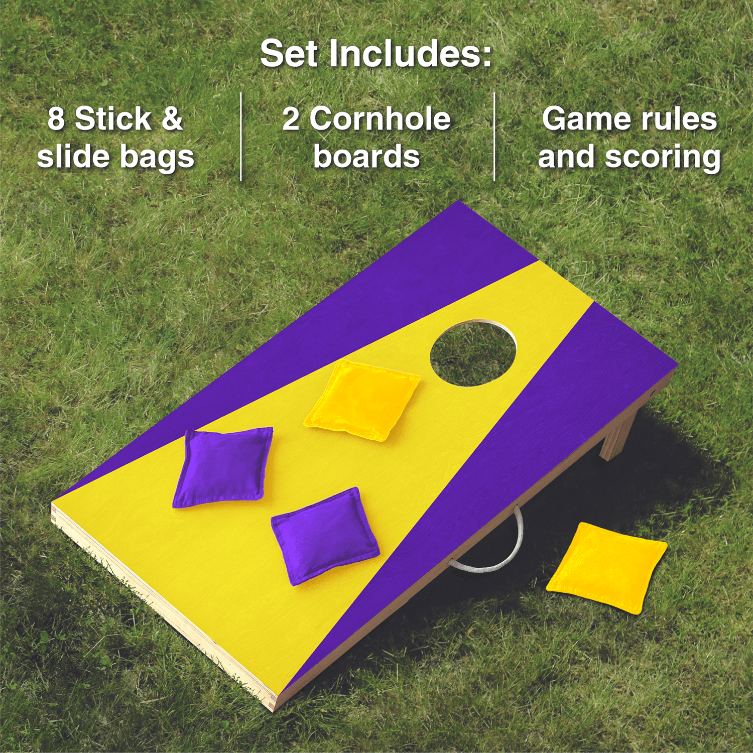 Wooden Cornhole Set, Purple and Gold Colors, Stick & Slide Bags, 10 Pieces, 2 Boards, 8 Bean Bags, Family Games, College Games, Ages 3+ by MinnARK