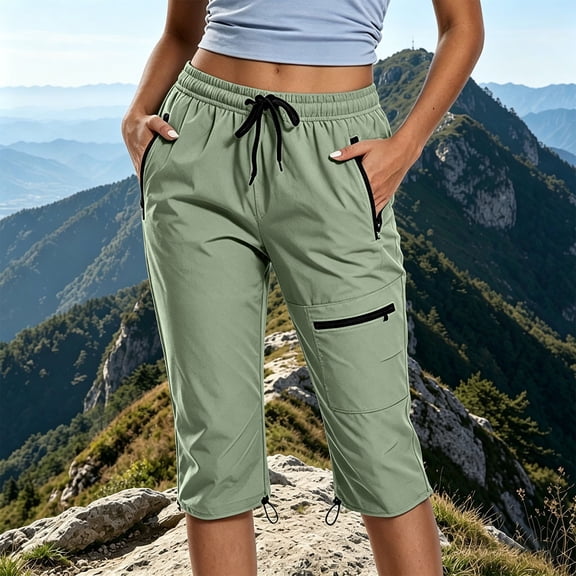 Women's Lightweight Nylon Cargo Pants with Zipper Pockets, Elastic Waist, Quick Dry, Multi-Pockets, Summer Outdoor Hiking Jogging, Cropped Trousers for Women | UKHCCC,Army Green L