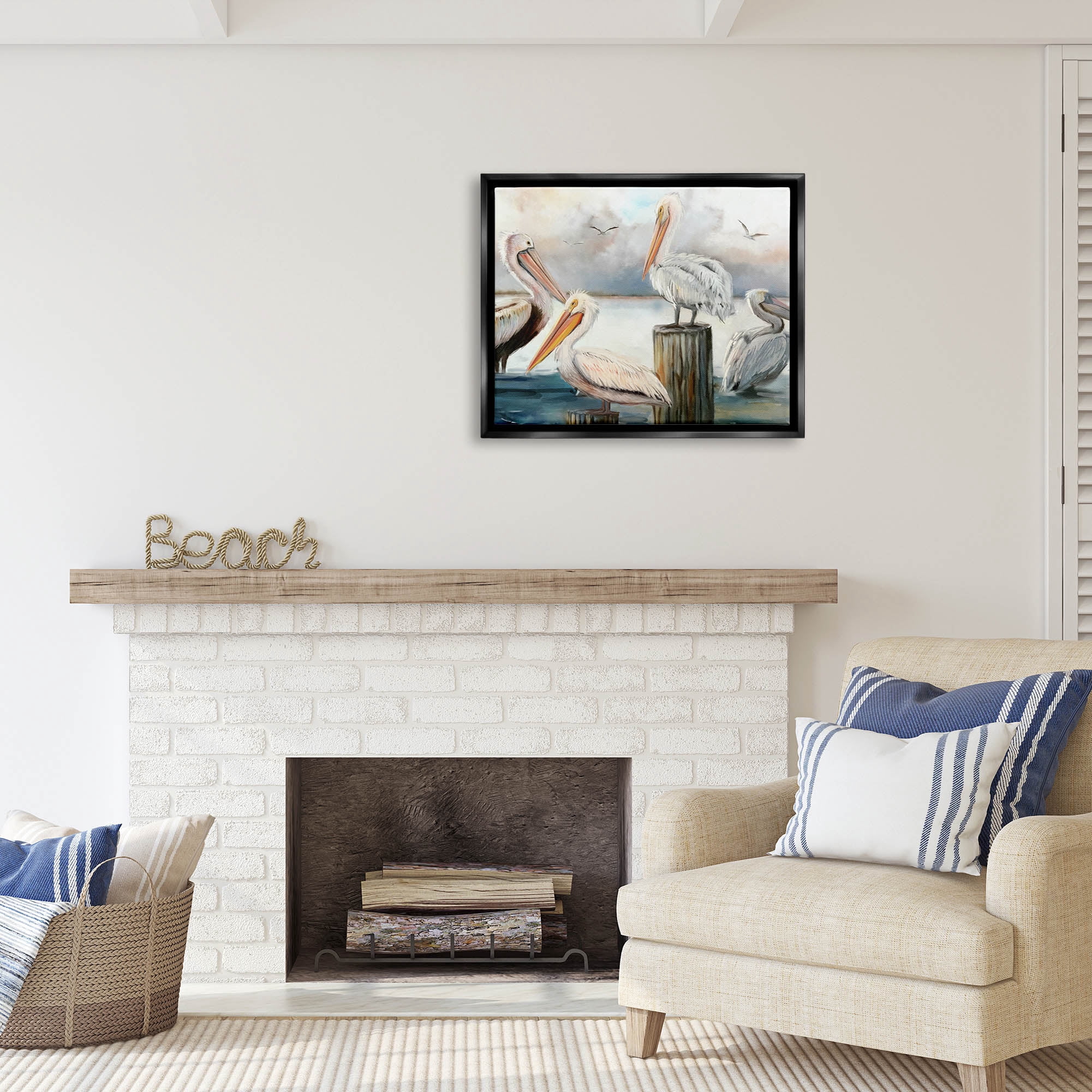Stupell Industries Pelicans Perched Cloudy Horizon Coastal Painting Black Floater Framed Art Print Wall Art
