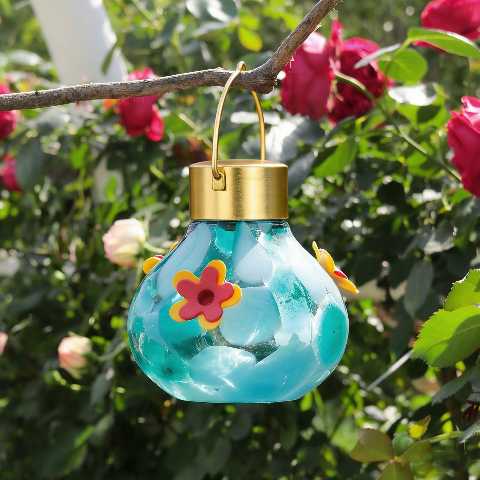 HengDidi Solar Hummingbird Feeder with LED Light, Glass Outdoor Bird Water Dispenser, Multicolor Design for Nighttime Use, Hanging Patio Garden Decoration to Attract Hummingbirds