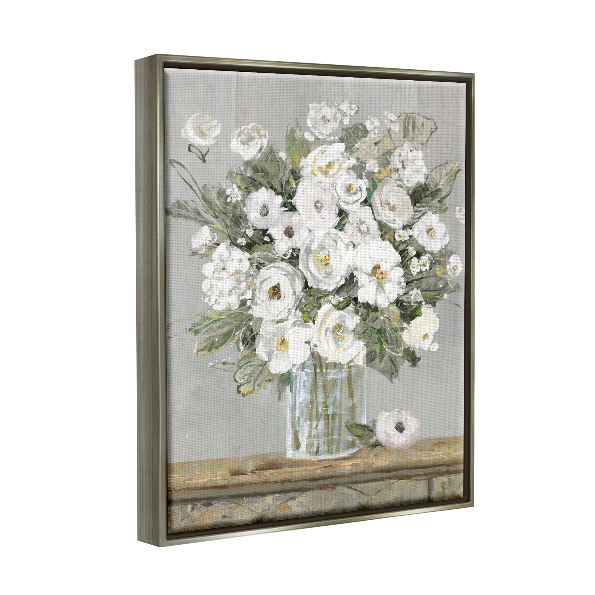 Stupell Industries White Bouquet Painting Botanical & Floral Painting Gray Floater Framed Canvas Art Print Wall Art, 25 x 31