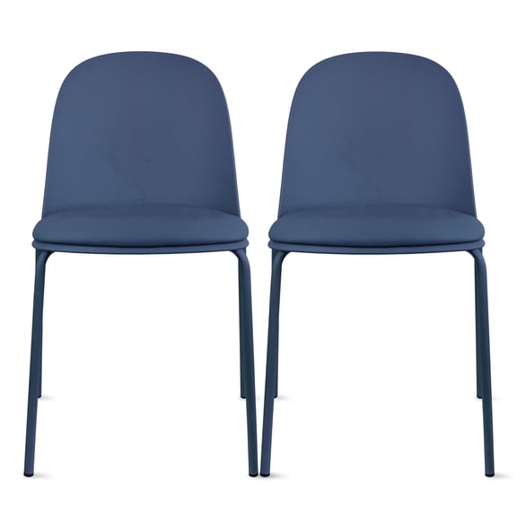 Set of 2 Stackable Dining Chairs, Blue Plastic Curved Back, Padded Faux Leather Seat, Chrome Metal Legs, Armless Side Chairs for Kitchen, Dining Room, Patio, Restaurant, Indoor/Outdoor Use, Blue