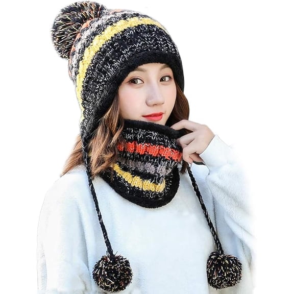 Janrevotw Women Winter Beanie Hat Circle Scarf Set Pompoms Peruvian Ski Snow Ear Flaps Cold Weather Warm Sherpa Knit Hats Fleece Lined