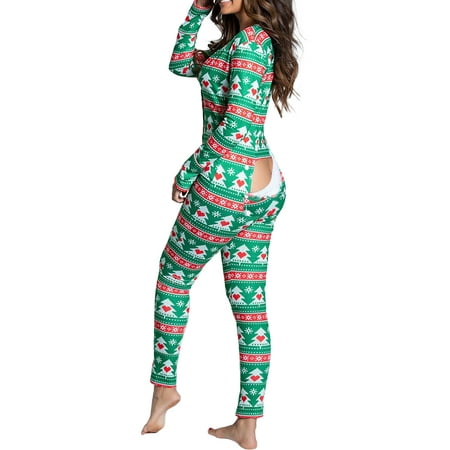 

Colisha Casual Long Sleeve Sleepwear for Women Deep V Neck One-Piece Pajamas Jumpsuit Christmas Printed Plaid Butt Flap Sleepwear