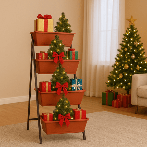Vipsafe 5-Tier Christmas Gift Display Stand, Indoor Vertical Raised Garden Bed for Mini Trees & Holiday Decorations, Brown