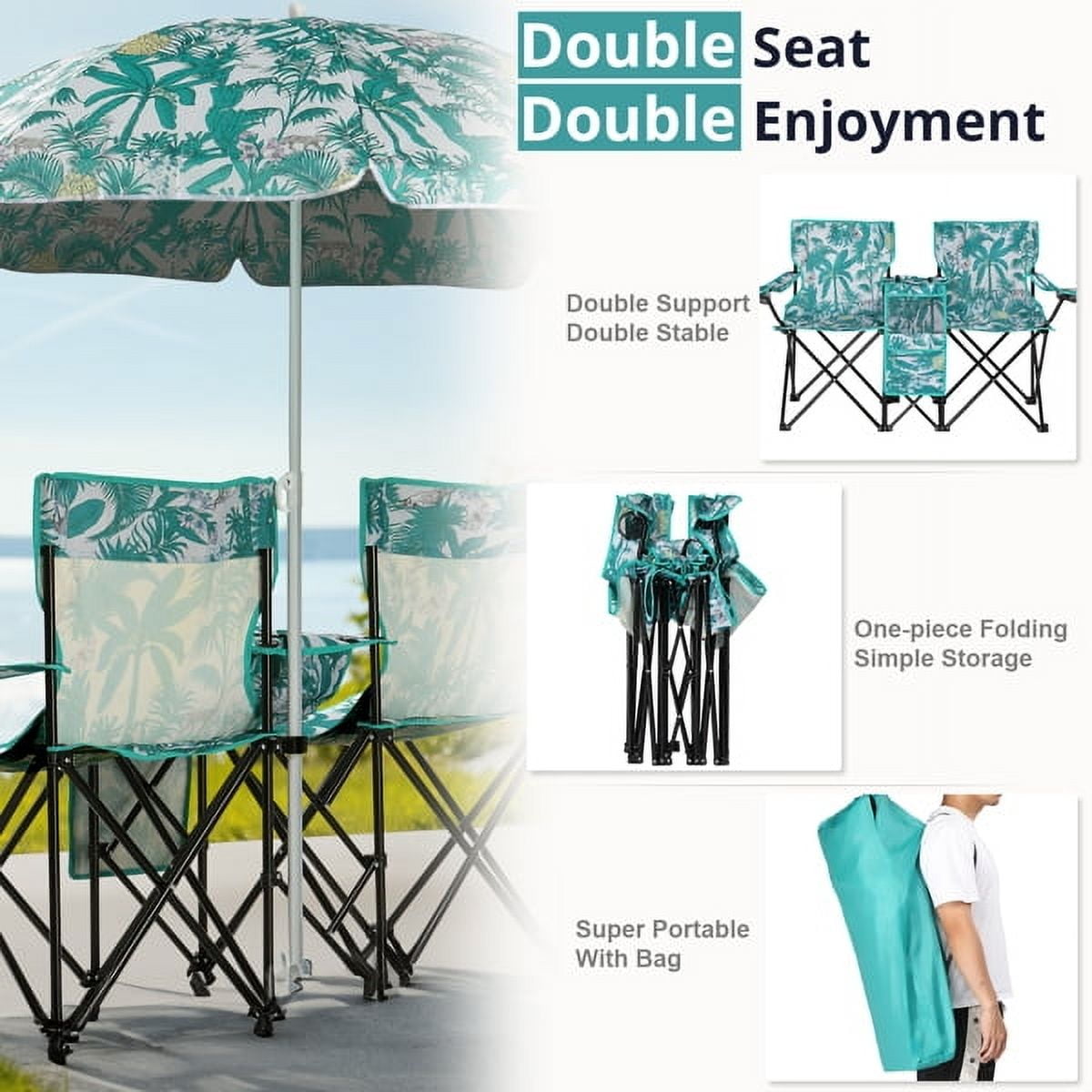 Alvantor Folding 2-Seat Outdoor Chair with Removable Pineapple Umbrella for Beach and Camping