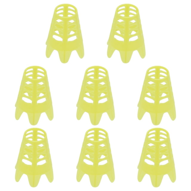 Uxcell 8Pcs Plastic Golf Tees, 1.8-inch golf simulator and practice tees in yellow. Made of durable plastic, these tees are lightweight, flexible, and sturdy, designed to hold golf balls securely. Suitable for use in gardens, golf hitting mats, training facilities, and both indoor and outdoor golf settings. The set includes eight tees with a height of 1.8 inches and a width of 0.71 x 1.22 inches (upper to bottom).