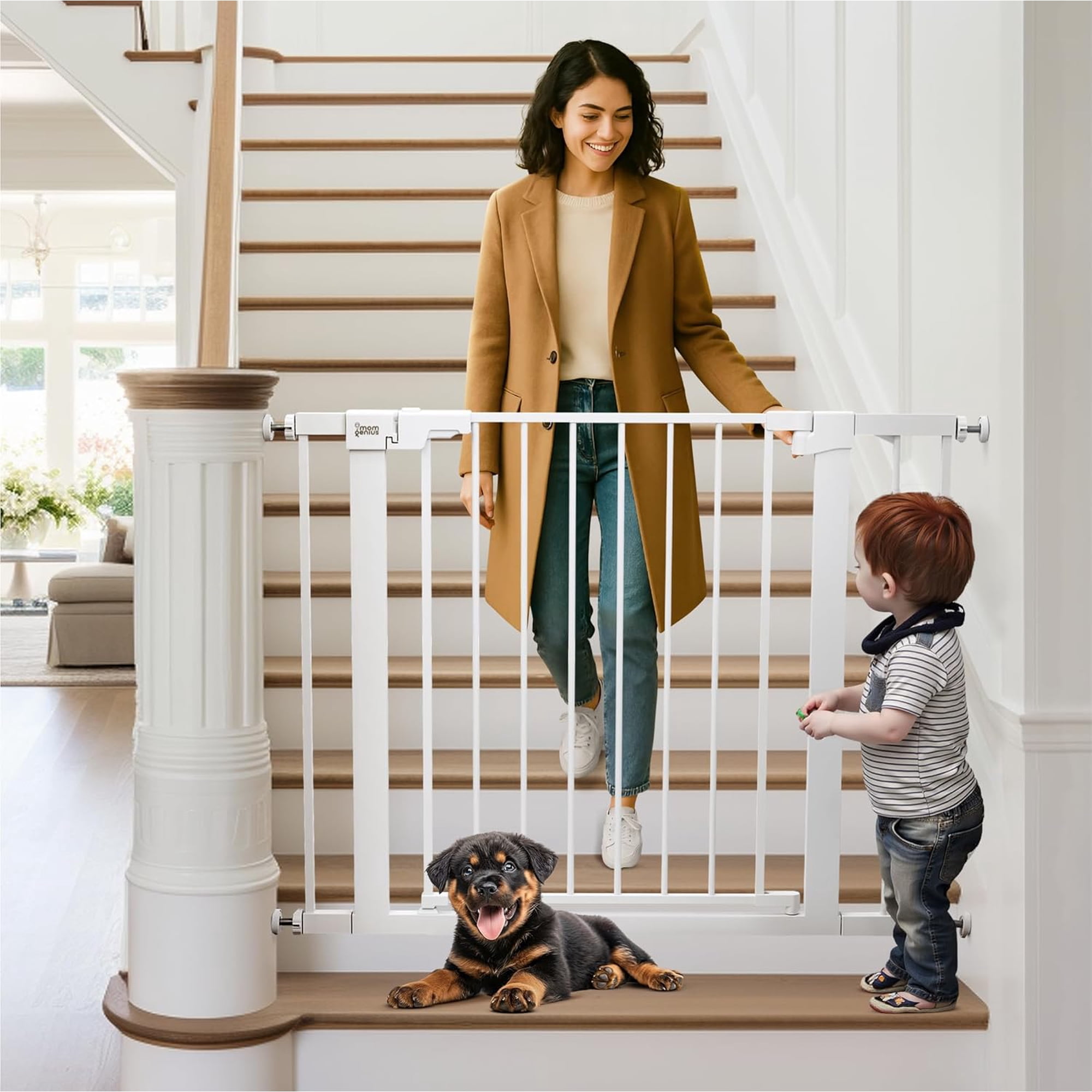 Mom Genius Pressure Mounted Baby Gate for Stairs, Extra Wide 29-40.5 Inch Adjustable, Auto-Close, Double Lock, 29.9" Tall Metal Dog Gates for Doorways, Kitchen & Hallways, CPC & CE Certified, White