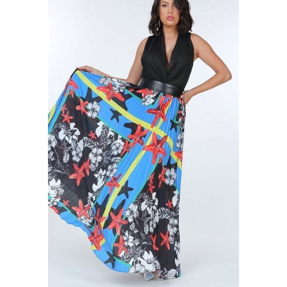 Pleated Print Maxi Skirt With Leather Waist Band