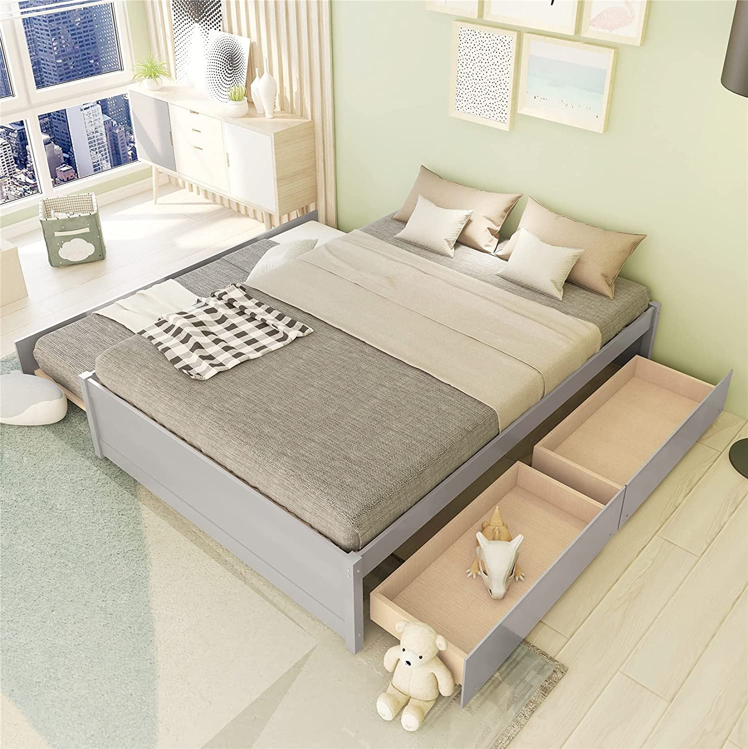 Bellemave Full Bed with Trundle and Storage, Solid Wood Full Size Platform Bed Frame with